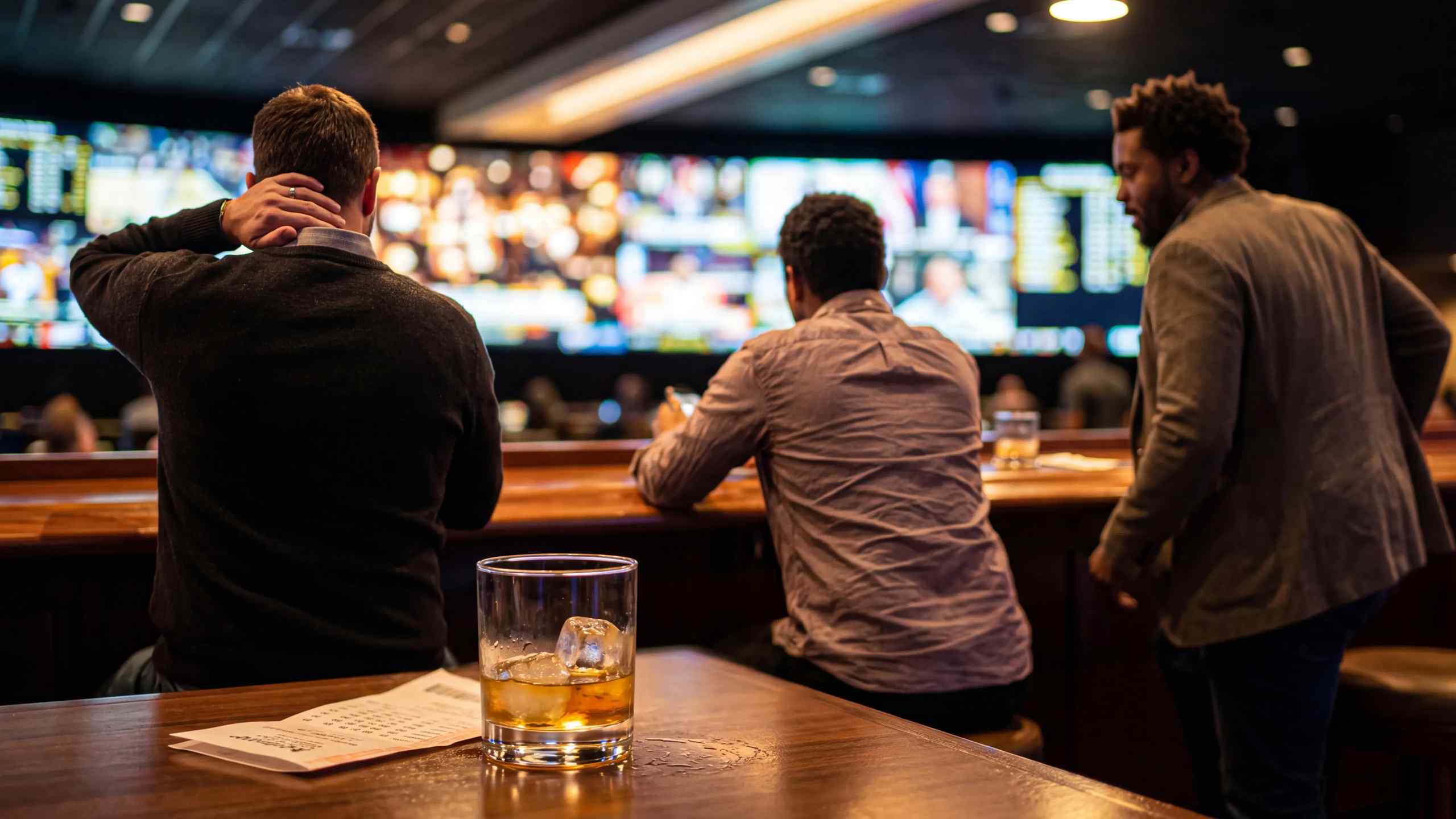 Men sitting in a Vegas bar with a rocks glass in the foreground.